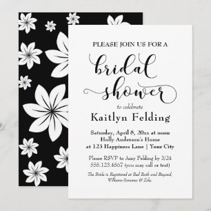 Invitación Tirada de boda de tipografía floral en blanco y ne
