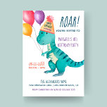 Invitación Tirannosaurus Dinosaur Roar Kids Cumpleaños<br><div class="desc">La invitación a la fiesta de cumpleaños de los niños con el tema de los dinosaurios incluye una hermosa acuarela Tyrannosaurus Rex sosteniendo globos y usando un gorra fiesta. Personalice al gorra fiesta del dinosaurio con el nombre de su pequeño. El reverso es un confetti sobre un fondo acuático azul...</div>