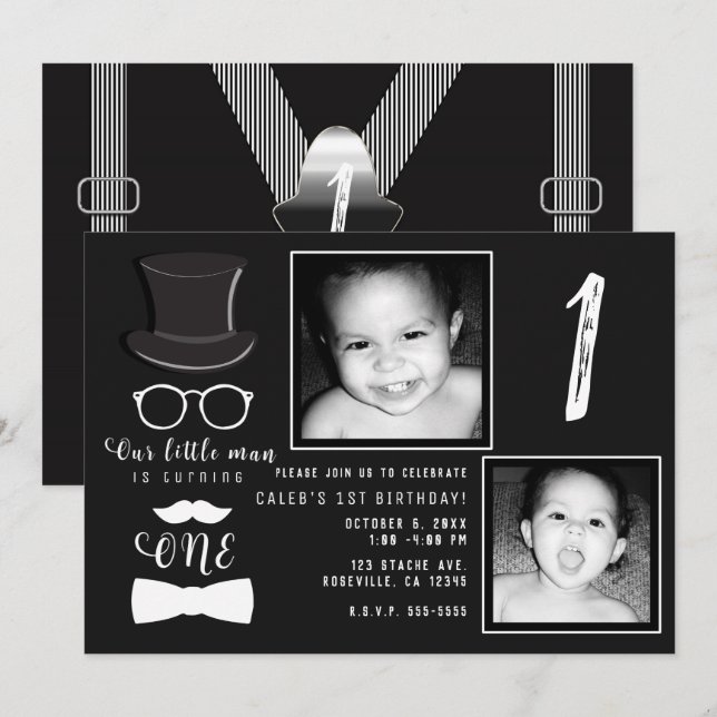 Invitación Tirantes Little Man Hipster Cumpleaños 1 Foto (Anverso / Reverso)