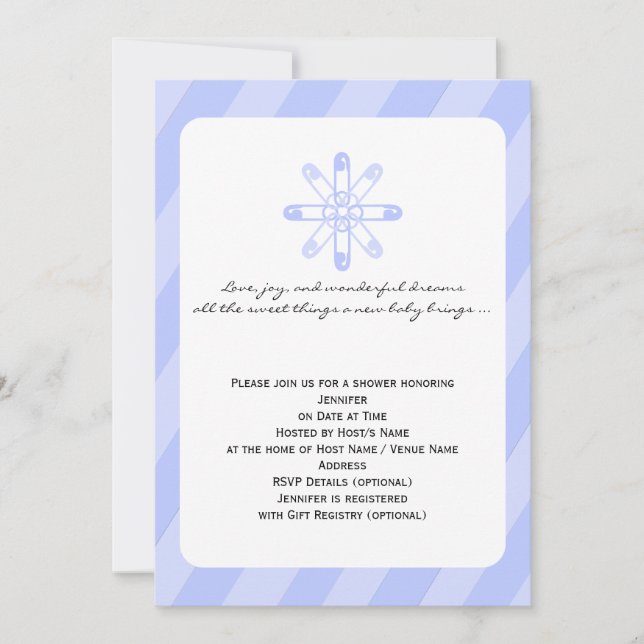 Invitación Tiras azules Diaper Pin Baby Boy Shower (Anverso)
