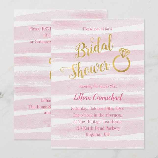 Invitación Tiras color rosa y dorado Ducha Bridal (Anverso / Reverso)