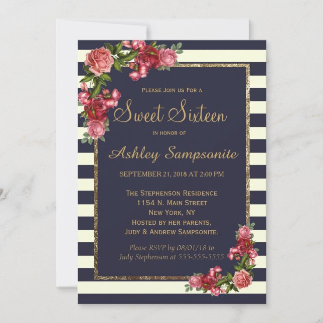 Invitación Tiras de la marina de rosas y dulces de oro 16 inv (Anverso)