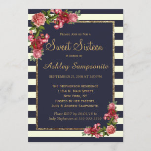 Invitación Tiras de la marina de rosas y dulces de oro 16 inv