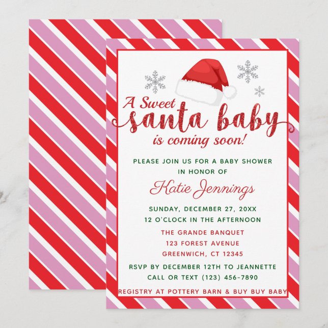 Invitación Tiras de menta rosa Santa Baby Shower (Anverso / Reverso)