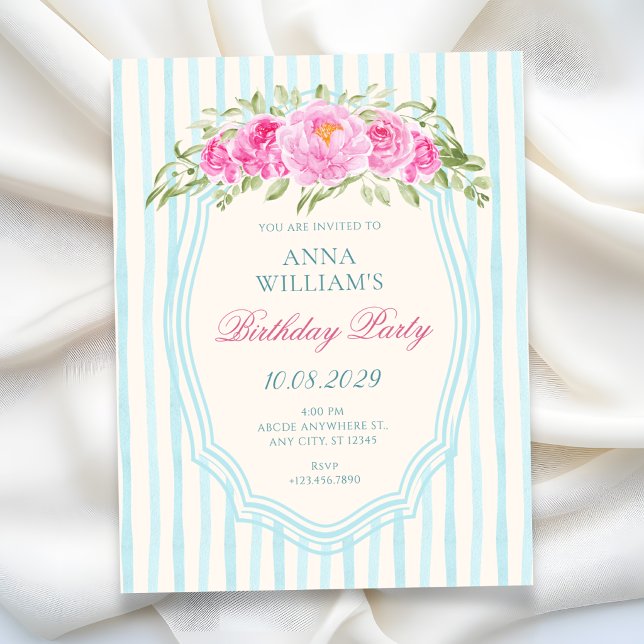 Invitación Tiras florales azules cumpleaños (Subido por el creador)