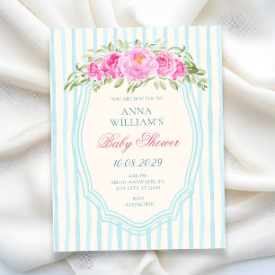 Invitación Tiras florales azules para baby shower