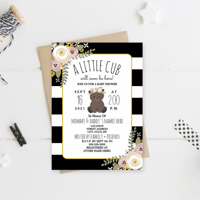 Invitación Tiras Florales Dustas Boho Bear Cub Baby Shower (Subido por el creador)