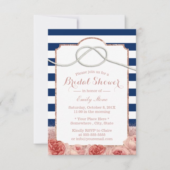 Invitación Tiras Náuticas Rosa Dorado Floral Bridal Shower