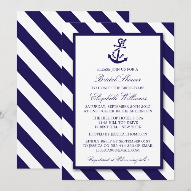 Invitación Tiras náuticas y ducha de novias con ancla azul de (Anverso / Reverso)