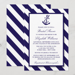 Invitación Tiras náuticas y ducha de novias con ancla azul de