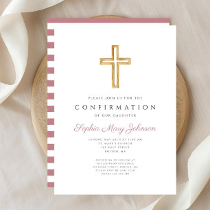 Invitación Tiras Rosadas Cruz Religiosa Confirmación de Niña