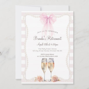 Invitación Tiras rosadas lazo perlas fiesta de jubilación