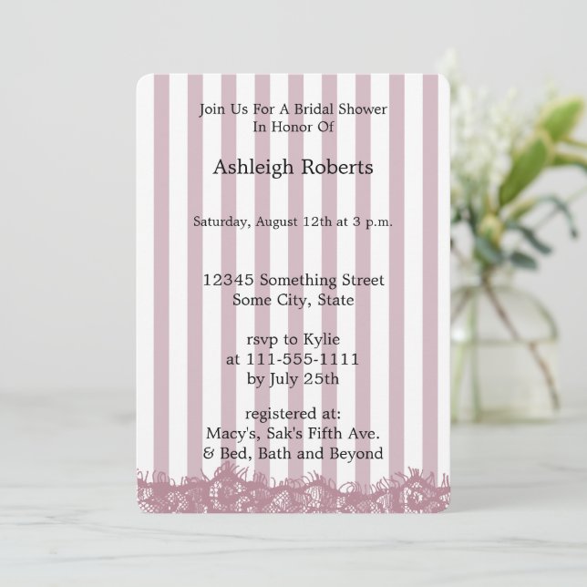 Invitación Tiras rosas y ducha de novias de encaje (Anverso de pie)