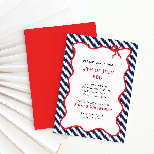 Invitación Tiras y bow | Azul blanco rojo 4 de julio Fiesta (Subido por el creador)