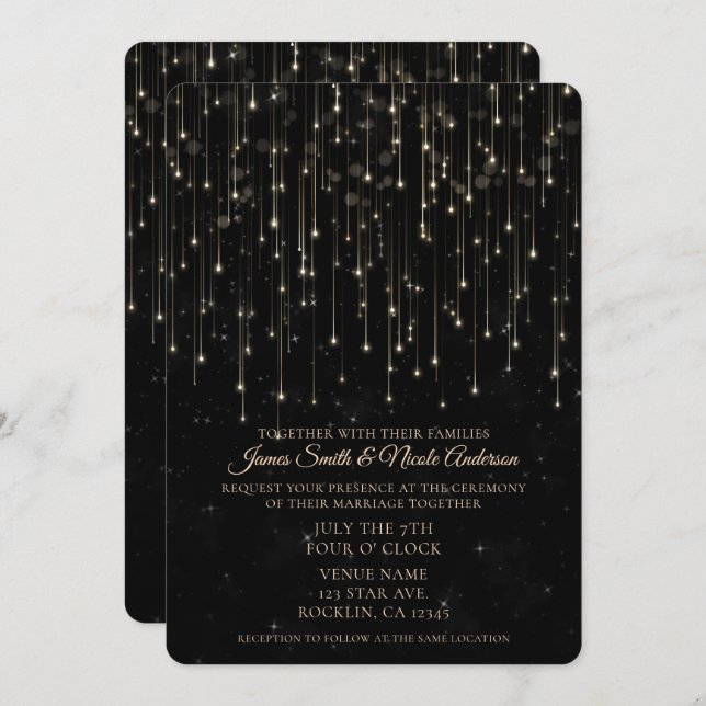 Invitación Tiroteo espumoso con estrellas Moda negra Boda mod (Anverso / Reverso)
