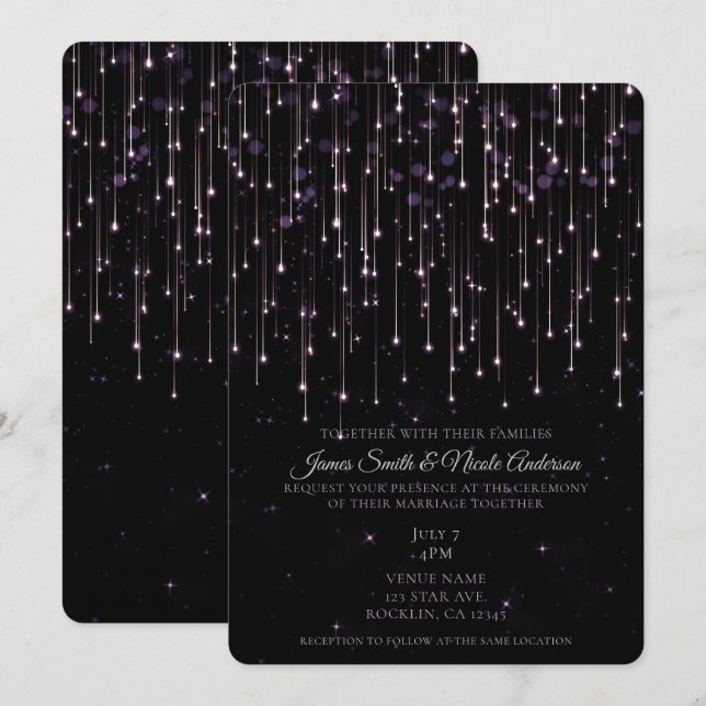 Invitación Tiroteo espumoso Estrellas Moda morada Boda modern (Anverso / Reverso)