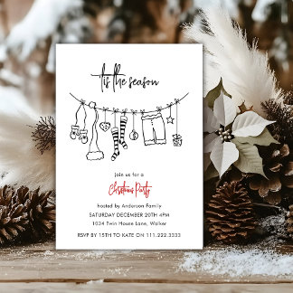 Invitación Tis The Season Doodle Clothesline Christmas Party