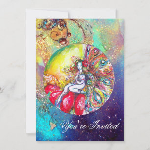 Invitación TITANIA, destellos rosados amarillos azules rojos