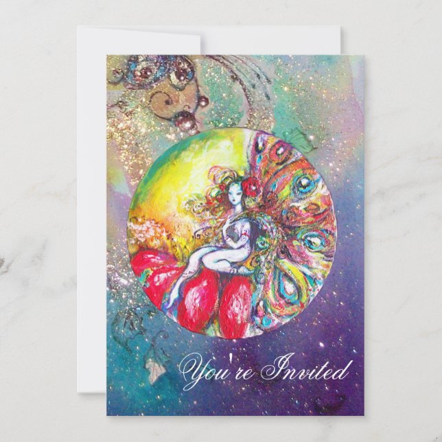 Invitación TITANIA, destellos rosados amarillos azules rojos (Anverso)