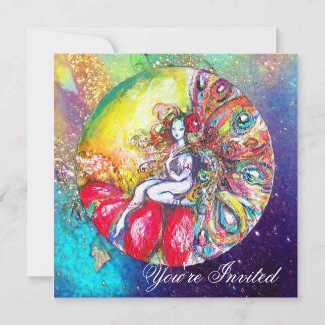 Invitación TITANIA, destellos rosados amarillos azules rojos (Anverso)