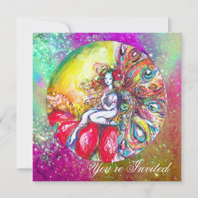 Invitación TITANIA, rosa amarillo azul morado rojo destellos (Anverso)