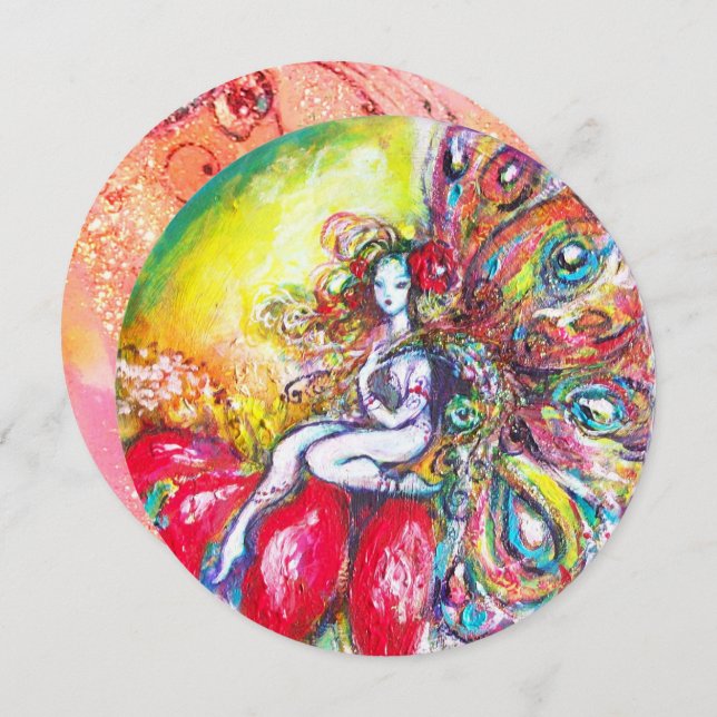 Invitación TITANIA Y FLOR ROJA, Amarillo Verde Rosa Destellos (Anverso / Reverso)