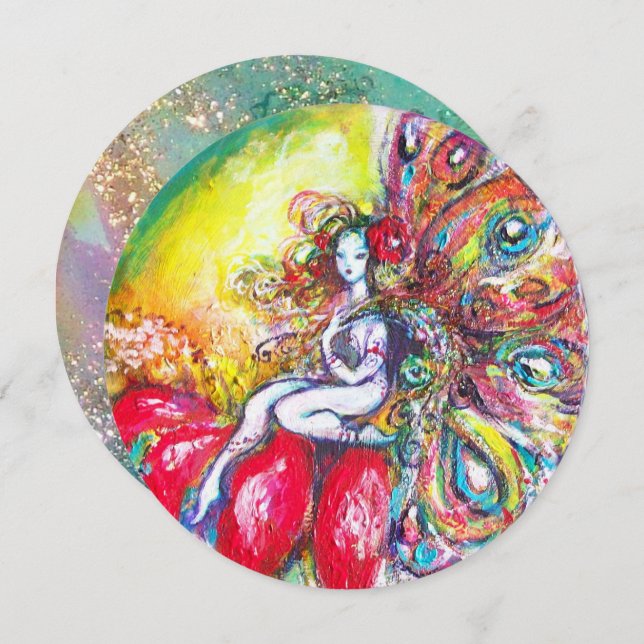 Invitación TITANIA Y FLOR ROJA, destellos de azul verde teal (Anverso / Reverso)