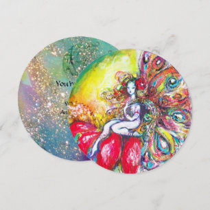 Invitación TITANIA Y FLOR ROJA, destellos de azul verde teal