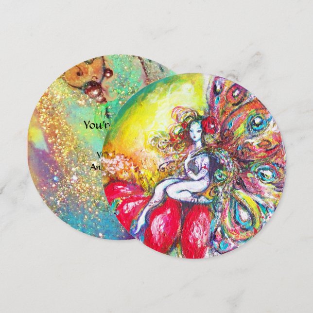 Invitación TITANIA Y FLOR ROJA, destellos verdes y azul teal (Anverso / Reverso)