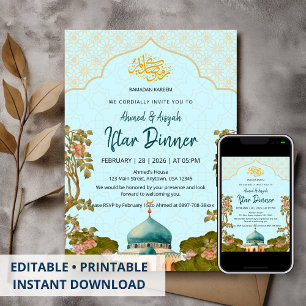 Invitación Título Arco Floral Azul Mezquita Iftar Acuarela