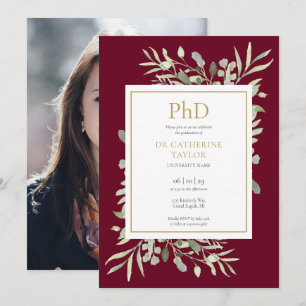 Invitación Título de Doctorado Burgundy Verdor Foto Graduació