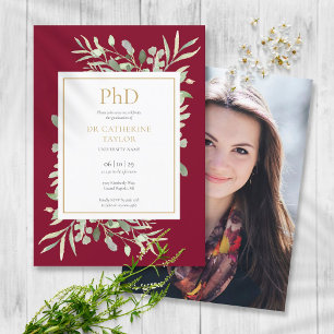 Invitación Título de Doctorado Burgundy Verdor Foto Graduació