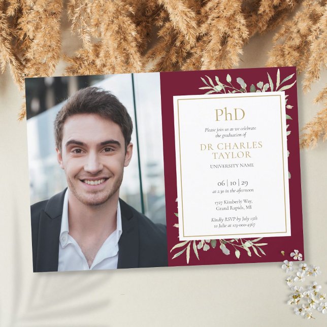 Invitación Título de Doctorado Verde Burdeos Foto de Graduaci (Subido por el creador)