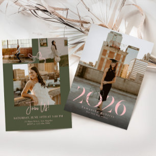 Invitación Título de graduación Coquette Bow Pink Green 2026