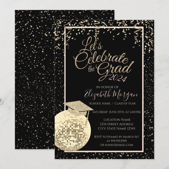 Invitación Título de graduación, disco Ball Confetti Graduaci (Anverso / Reverso)