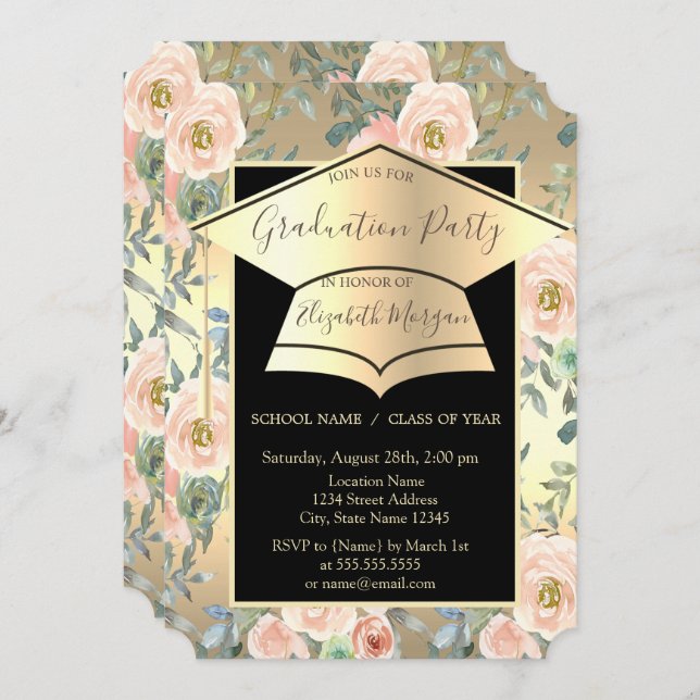 Invitación Título de graduación, Rosas de flores Graduación d (Anverso / Reverso)