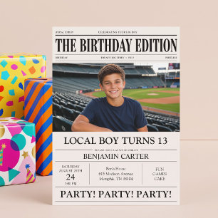 Invitación Título de Periódico Chico Divertido Fiesta de Cump