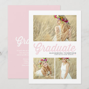 Invitación Título Retro en Script Rosa Claro para Tres Fotos 