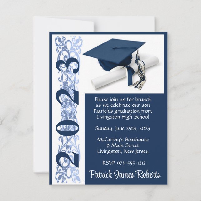 Invitación Título y diploma, graduación de fondo azul oscuro (Anverso)