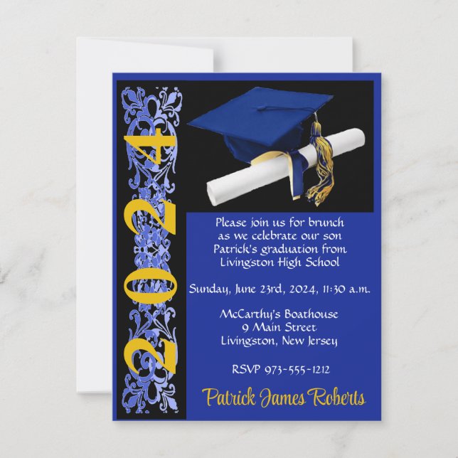 Invitación Título y diploma, graduación real azul/negro/oro (Anverso)