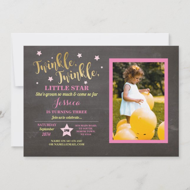 Invitación Tiza para Fiesta de Cumpleaños Twinkle Twinkle Lit (Anverso)