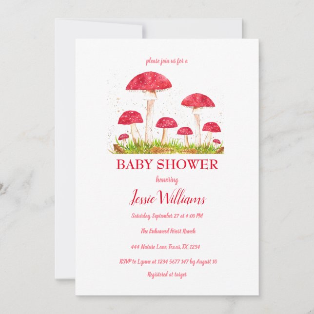 Invitación Toadstoides hongos Baby Shower Red Naturaleza (Anverso)