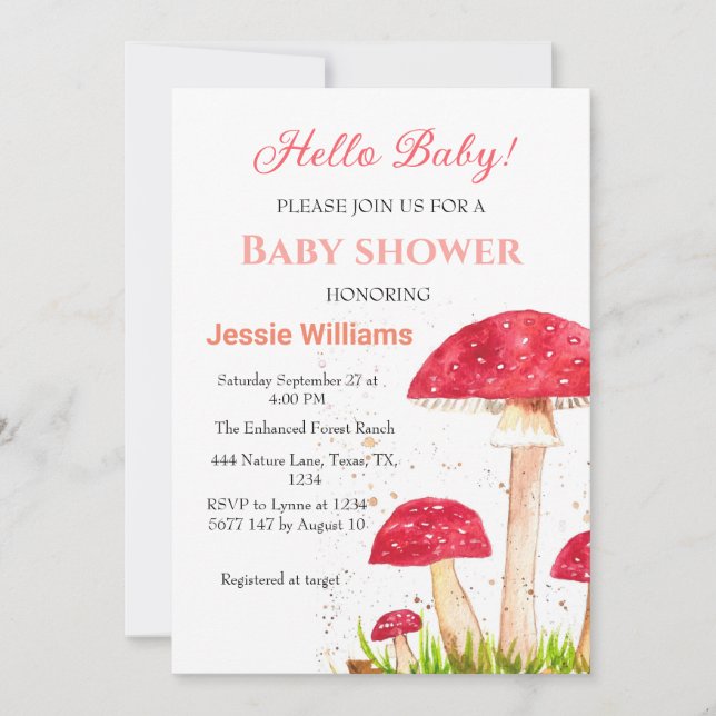 Invitación Toadstoides hongos Baby Shower Red Naturaleza (Anverso)