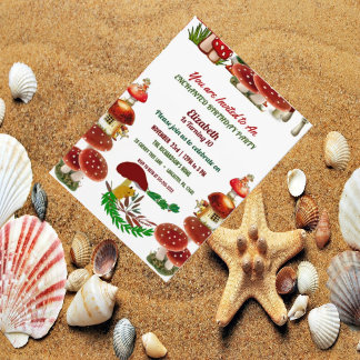 Invitación Toadstool Rojo Jardín Hadas Niños Cumpleaños Fiest