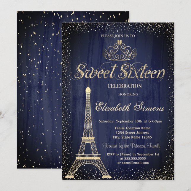Invitación Toalla elegante de la Torre Eiffel con tiara dorad (Anverso / Reverso)