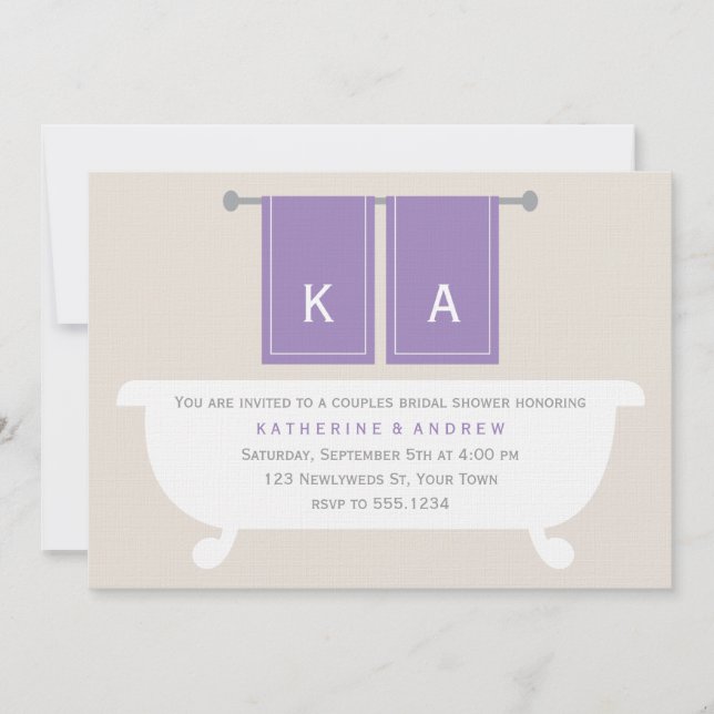 Invitación Toallas De Baño Violeta Monogramadas Ducha De Novi (Anverso)