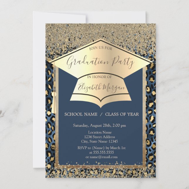 Invitación Toca de graduación dorada, diamantes y estampado d (Anverso)