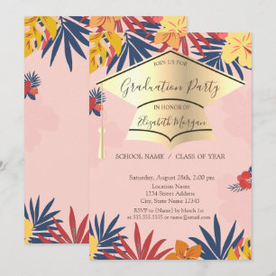 Invitación Toca de graduación dorada, hojas de palma flores G