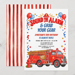 Invitación Toca la alarma camión de bomberos cumpleaños agarr