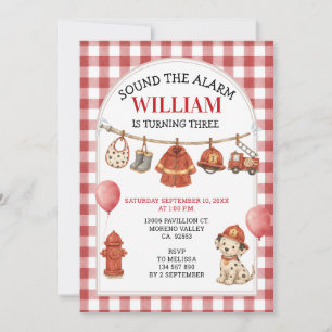 Invitación Toca la alarma Gingham Bombero Tercer Cumpleaños
